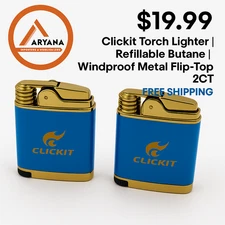 Clickit Torch Lighter | Refillable Butane | Windproof Metal Flip-Top | 2CT
