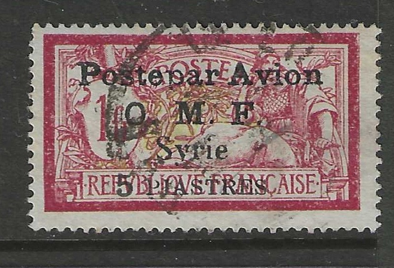1922 FRENCH colonies   5 Piaster Air Mail stamp with op Scott C12 used $ 30.00