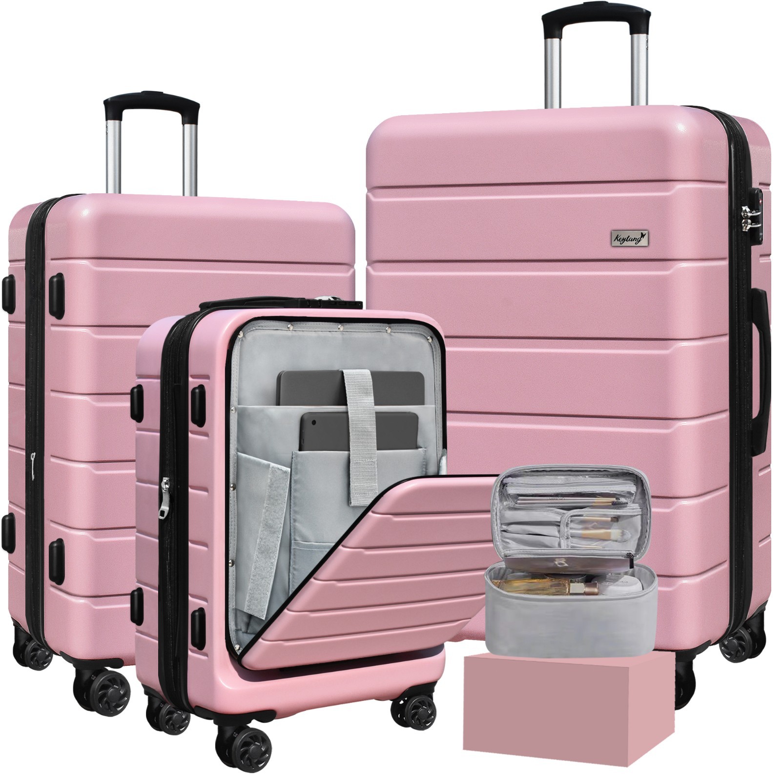Keytang SmileLine Lightweight Hardside Luggage,3 Piece Set,Bonus Makeup Bag,Pink