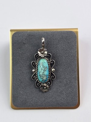Signierter Navajo Sterlingsilber Türkis Anhänger für Halskette H. Schmal 2'' Länge