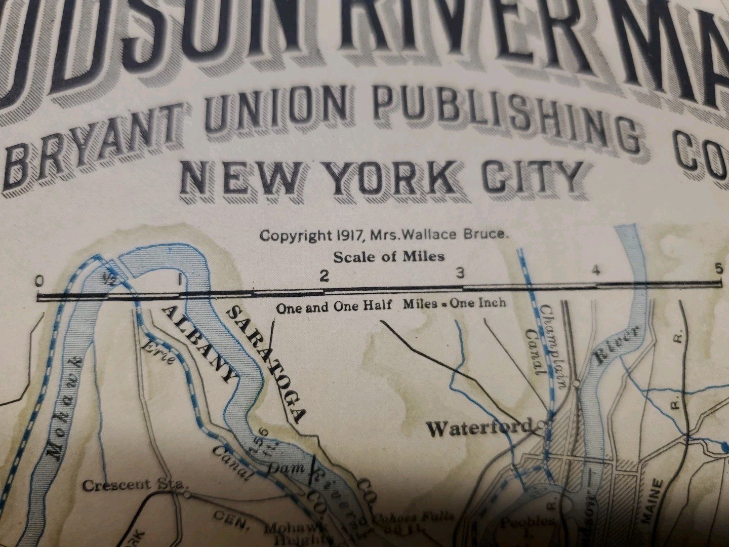 Antique 1917 OVER 8 FOOT New Hudson River Map New York Fold-Out Blue Water Map