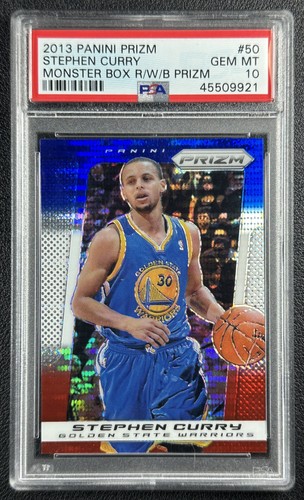 STEPHEN CURRY PSA 10 2013-14 PANINI PRIZM #50 MONSTER BLUE WHITE AND RED PULSAR