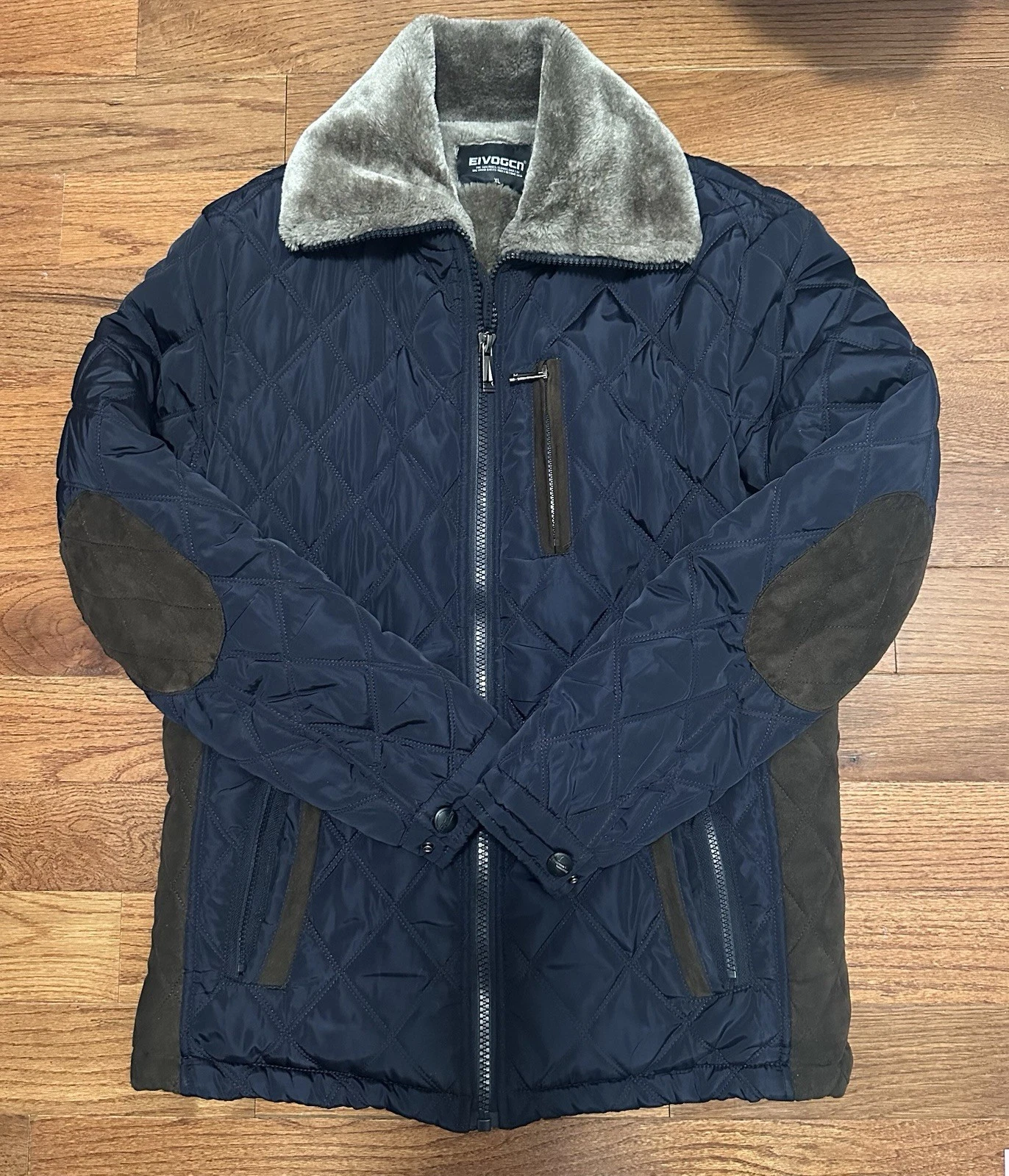 Men's Quilted Navy Blue Jacket With Cotton Plaid Lining, Size Small