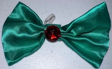 Build A Bear BABW Hair Accessory Green Satin Bow w/Red Gem Elastic Loop EUC   