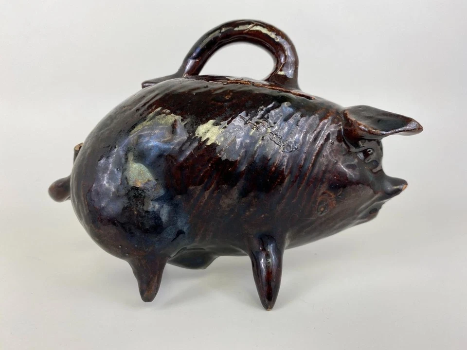 Antique 19thC Redware Pottery Americana Primitive Folk Piggy Figural Still Bank - Image 2 of 4