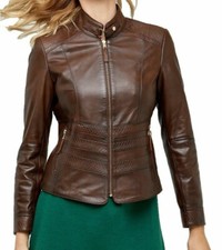 Giacca donna elegante in pelle 100% vera pelle di agnello marrone bomber giac...