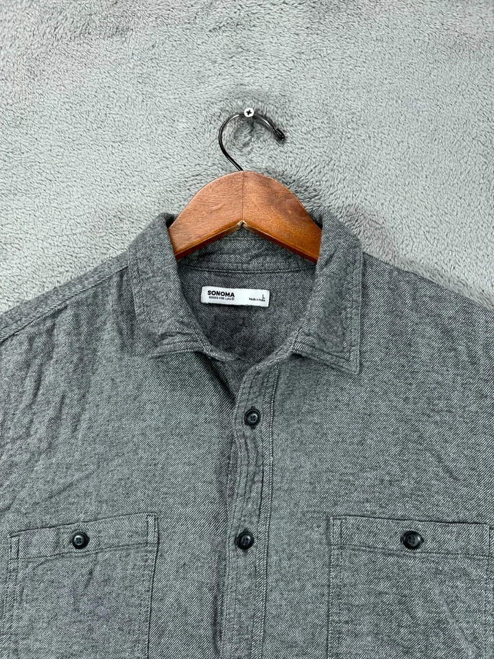 Camisa de franela supersuave gris manga larga con botones talla grande algodón SONOMA para hombre Foto 3 de 4