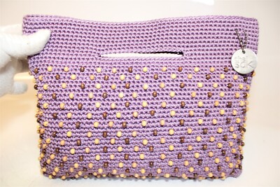 The Sak Bali Workshop Clutch NWD Wooden Beads Purple Heather Hand Crocheted Bag