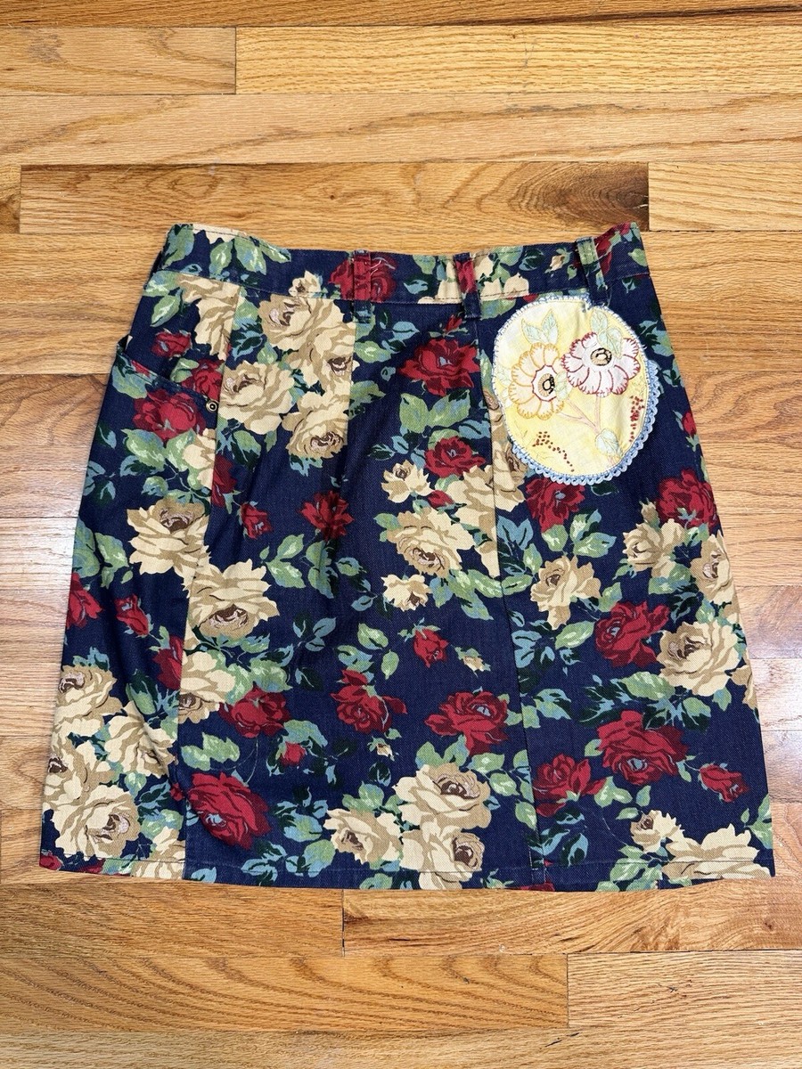 VTG Jeans Wear 80s Denim Wrap Skirt With Embroidery Floral Print