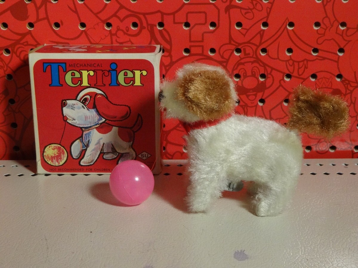 Vintage Wind-up Terrier Puppy Dog Spinning Tail Mohair Mechanical