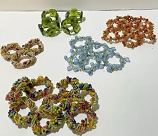 Large Mixed Lot Of 28 Napkin Rings,  Acrylic Beaded Green Blue, Brown, Amber