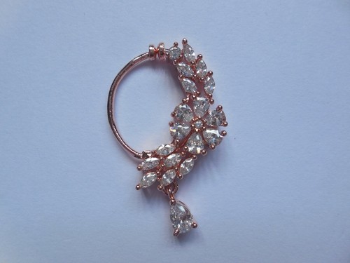 Rose Gold Plated Nose Ring Indian Nath Crystal Marathi Hoop Wedding Jewelry - Picture 2 of 4
