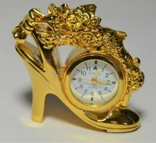 VTG Gold Shoe SunTime Desk / Table quartz 2" clock Japan Mov runs, new battery