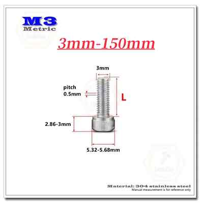 3mm / M3 x 0.5 - 304 Stainless Steel Hex Socket CAP HEAD Screws 3mm-150mm