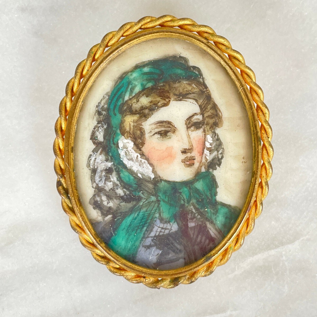 Antique Victorian Painting Portrait Gold Brooch Jewelry Vtg Miniature Dollhouse View 6