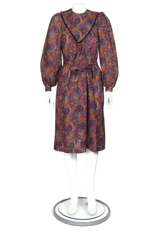 Vestido Cottagecore De Colección Años 80 Púrpura Paisley Negro Terciopelo Manga Globo Talla S 577 Foto 2 de 4