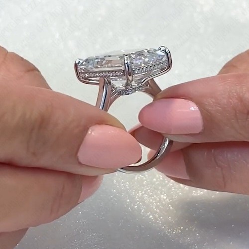12.75Tcw Emerald Cut Moissanite Hidden Halo Engagement Ring Solid 14K White Gold - Picture 5 of 15
