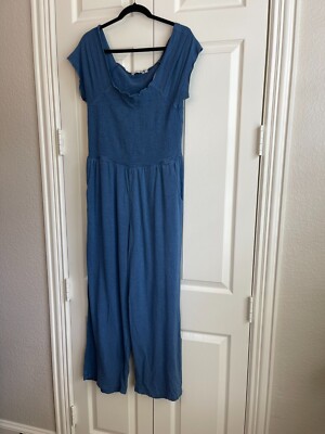Sundance Jumpsuit Smocked Round Neck Flared Boho Blue Peasant Women's Size Large