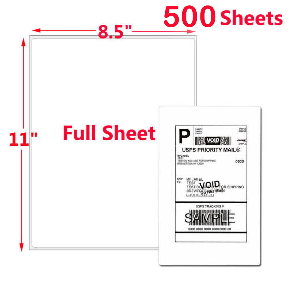 500 Self-Adhesive Full Sheet Labels 8.5x11 Blank for Laser Inkjet Printers