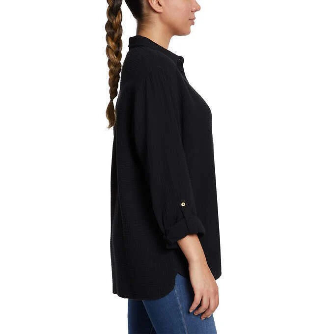 Anne Klein Jeans Women's Gauze Roll Tab Sleeve Gold Button Anne Klein Jeans Women's Gauze Roll Tab Sleeve Gold Button