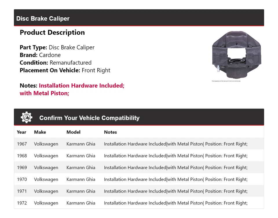 Pinza de freno de disco delantera derecha cardone para Volkswagen Karmann Ghia 1967-1972 Foto 2 de 4