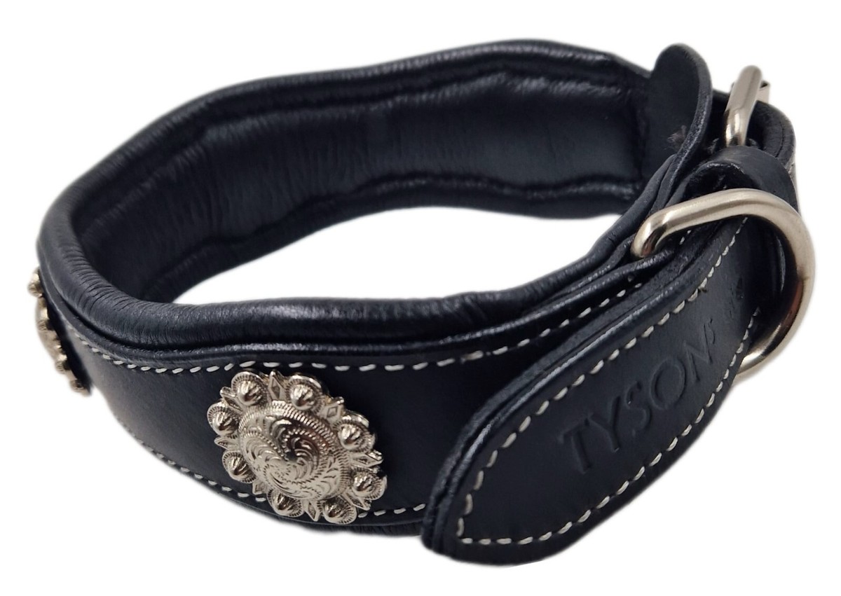 Tysons Breeches Hundehalsband Leder ‚Wave‘ – Schwarz, Wellenförmig Mit Sonnen-Conchos | Größe L/XL, Weich Unterlegt, Fest Vernäht