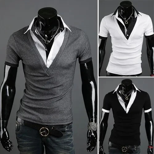 Mens Shirts Short Sleeves Luxury Casual Slim Fit Camisas Double Collar Shirts - Image 2 of 4