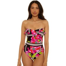 Trina Turk Ruffle Bandeau One Piece Swimsuit, Bougainvillea Black, Size 4