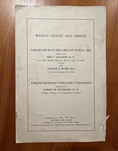 FREE SHIP! 1923 Weight-Height-Age Tables Tables for Infancy and Early Childhood