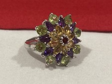Vintage 925 Sterling Silver Multi Stone Flower Cluster Cocktail Band Ring SIZE 8