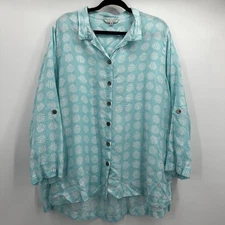 John Mark Shirt Top Womens 1X Blue Linen Beach Shell Breathable Wire Collar
