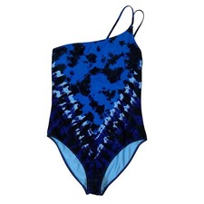 Aerie Blue Tie Dye One Shoulder One Piece Swimsuit M Full Coverage Stretch
