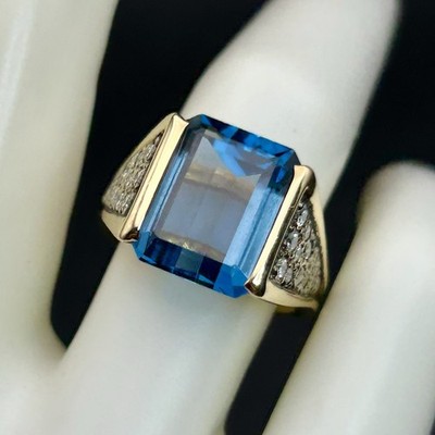 Vintage 14K Gelbgold Smaragdschliff Blautopas Pavé Diamant Cocktail Ring Größe 6