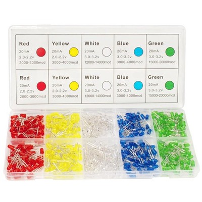 LED Dioden Sortiment 5mm 450 Stück 5 Farben Rot Weiß Gelb Blau Grün Energieef...