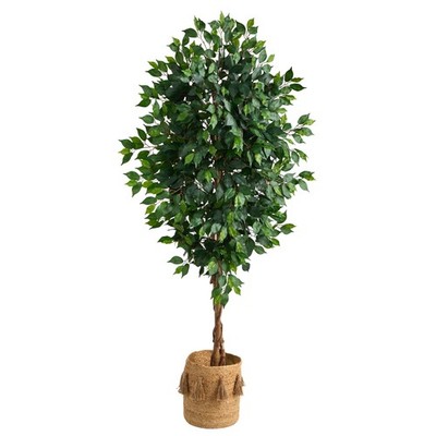 6' Ficus Artificial Tree, Natural Trunk in Natural Jute Planter, Tassels
