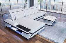 Leather Corner Sofa Couch Leather Sofa LED Ottoman White Black Leather Couch Napoli L Shape