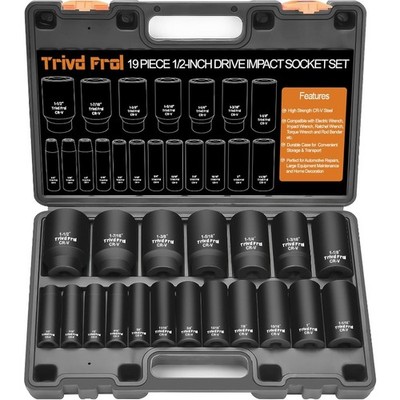 Impact Socket Set - 1/2'' Drive, 19pc Deep Socket Set 3/8'' to 1-1/2'', Cr-V Steel
