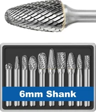 10Pcs Carbide Burr Set 6mm Shank w/Clear Box Max Head Dia XL, Silver Grey 