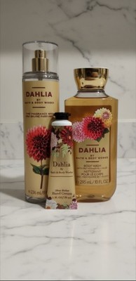 3 PC Gift Set Bath & Body Works Dahlia 10oz Body Wash 8oz Fragrance Mist & Cream