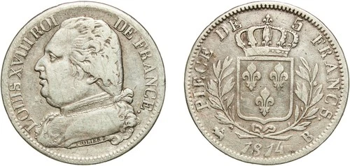 France Kingdom 1814 B 5 Francs - Louis XVIII (dressed bust) Silver (.900) R