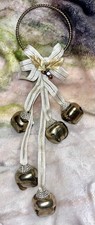 VTG Christmas Jingle Bell Doorknob Hanger - Brass White Gold Ribbon Patina 11  