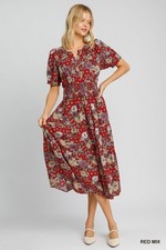 Umgee Deep Red Floral Dress w/V-Neck , Tiered Maxi Dress Short Puff Sleeves