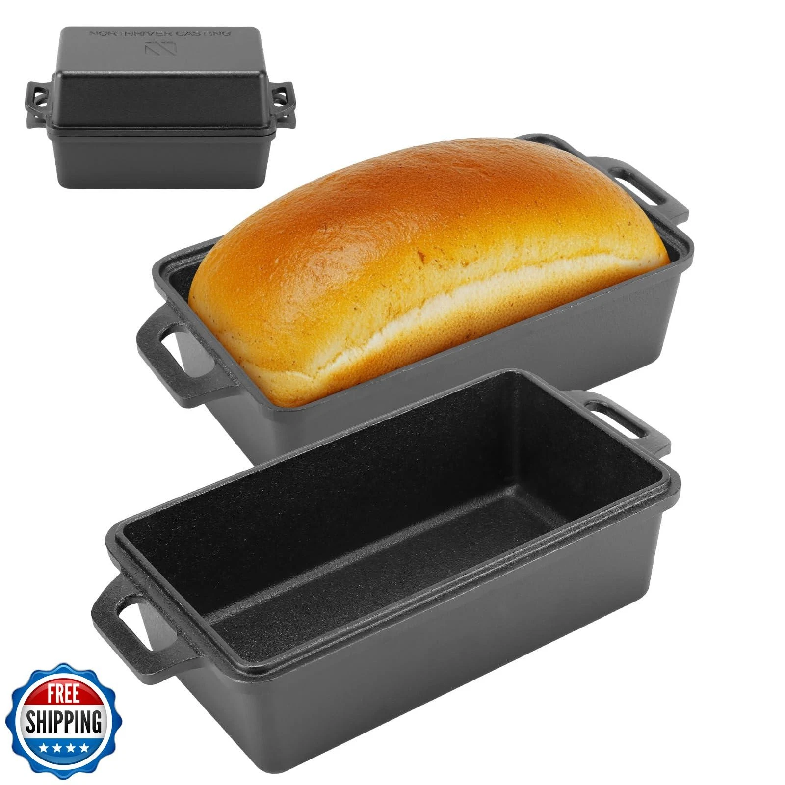 Northriver Casting 9×5 Inch Cast Iron Loaf Pan with Lid | Bread B