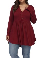 Women's Plus Size Henley V Neck Long Sleeve Flowy Shirts(Plus Size-2x ,Dark Red)