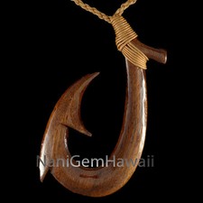 Hawaiian Jewelry Hand Carved Koa wood Fish Hook Necklace Pendant