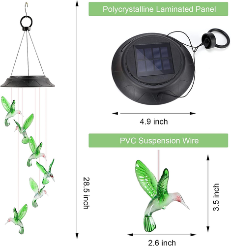 Solar Hummingbird Wind Chimes Outdoor,Hanging Wind Chime Decorative Lights for G - Picture 6 of 12