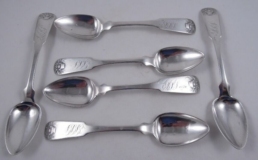 C. JOHNSON COIN SILVER SET 6 BASKET OF FLOWERS TEASPOONS NOT STERLING