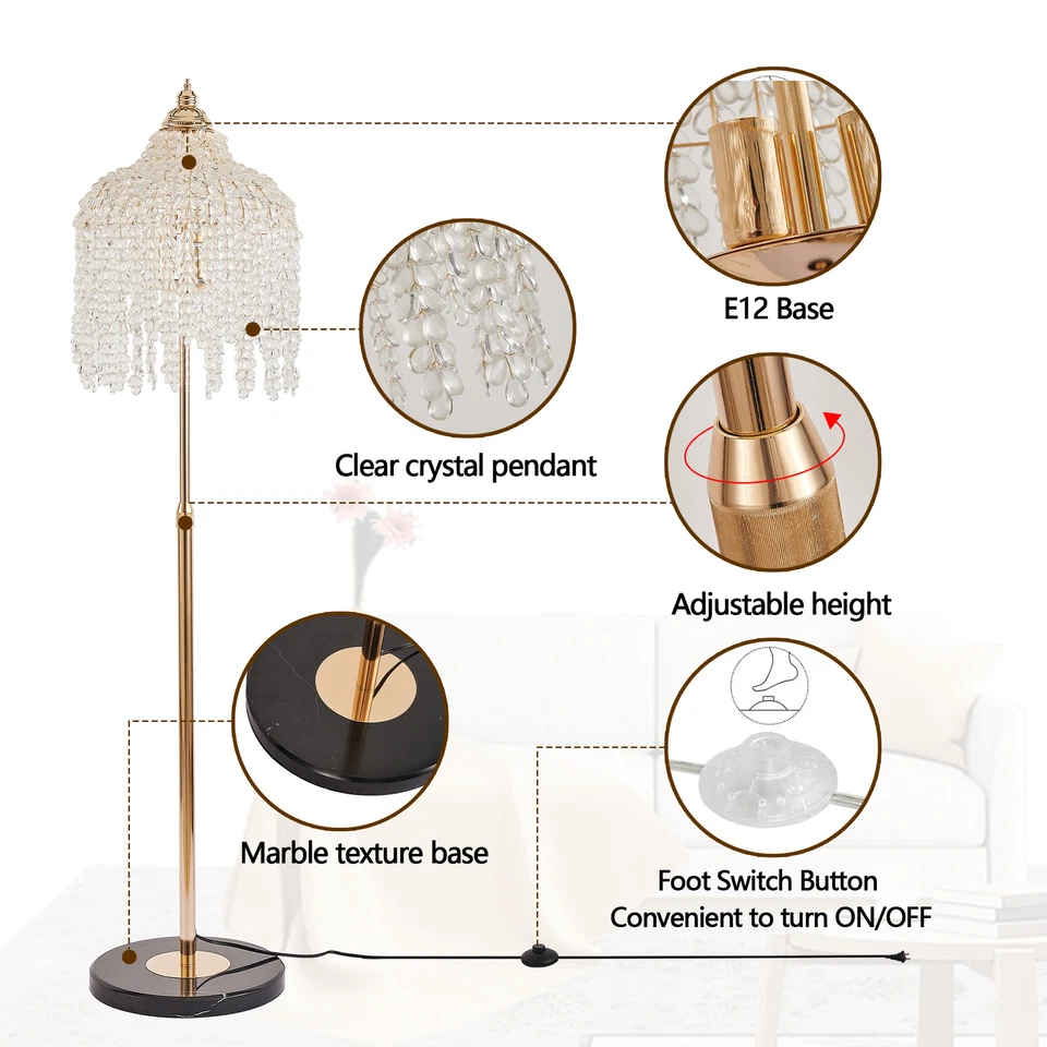 63'' Gold Elegant Crystal Floor Lamp w On-Off Foot Switch Living Room Lighting - Image 4 of 4