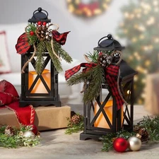 Holiday Lighted Candle Lantern Christmas Red Black Buffalo Plaid LED Set of 2