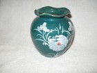 Hand Thrown Pottery Green Glaze With Hand Painted Flowers Vase